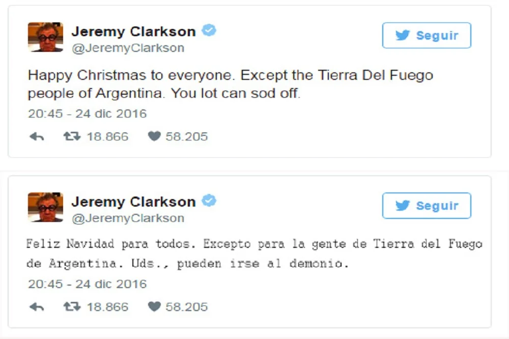 Jeremy Clarkson mandó "al demonio" a los fueguinos en su saludo navideño
