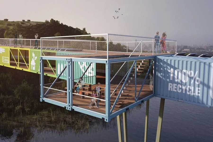 Contenedores reciclados en forma de puente