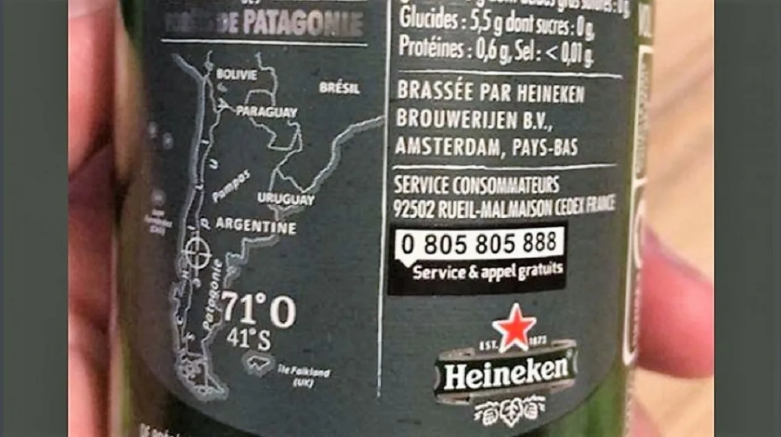 Una imagen de la cerveza Heiniken muestra a las Malvinas con británicas