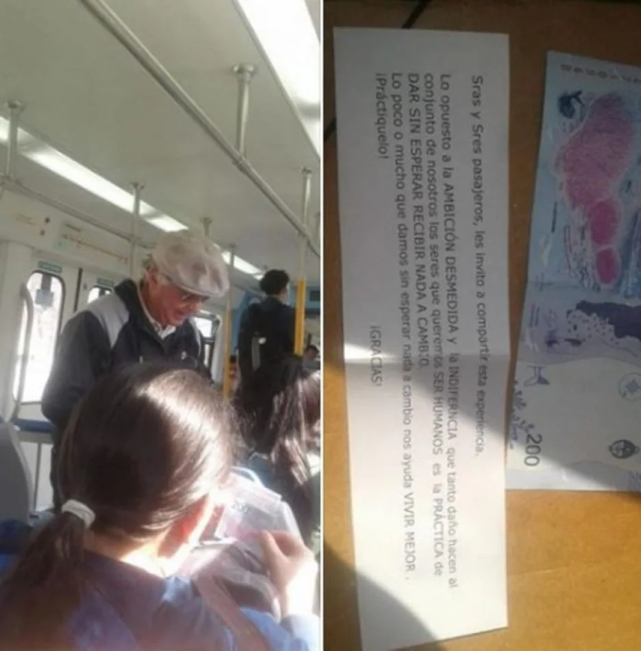 Un abuelo regaló billetes de $200 en el tren Sarmiento y dejó un tierno mensaje