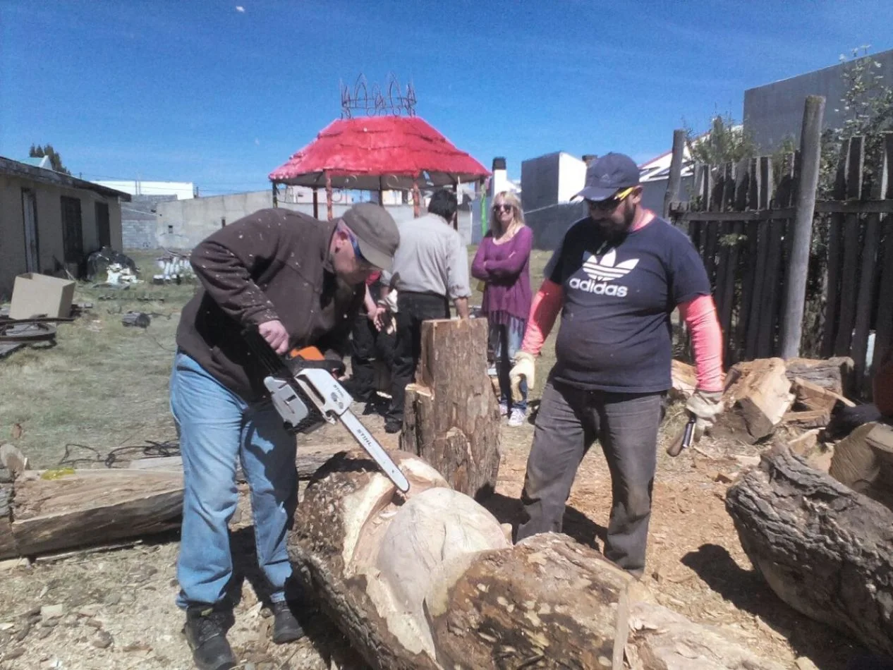 Javier Elissamburu trabajando sobre un tronco de cedro de 90 cm de diámetro y entre 3 ó 4 metros de altura.