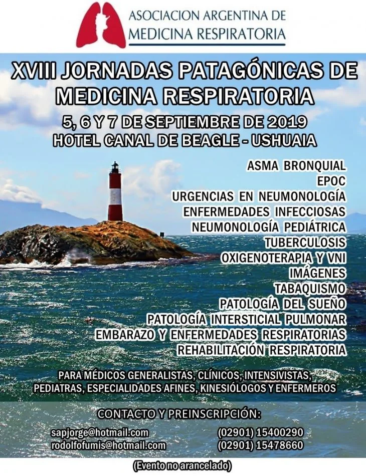 XVIII jornadas Patagónicas de Medicina Respiratoria, que se realizarán en Ushuaia los días 5, 6 y 7 de septiembre en el hotel Canal Beagle.
