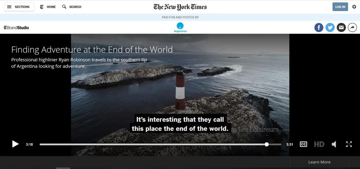 El destino de Tierra del Fuego se promociona en el New York Times