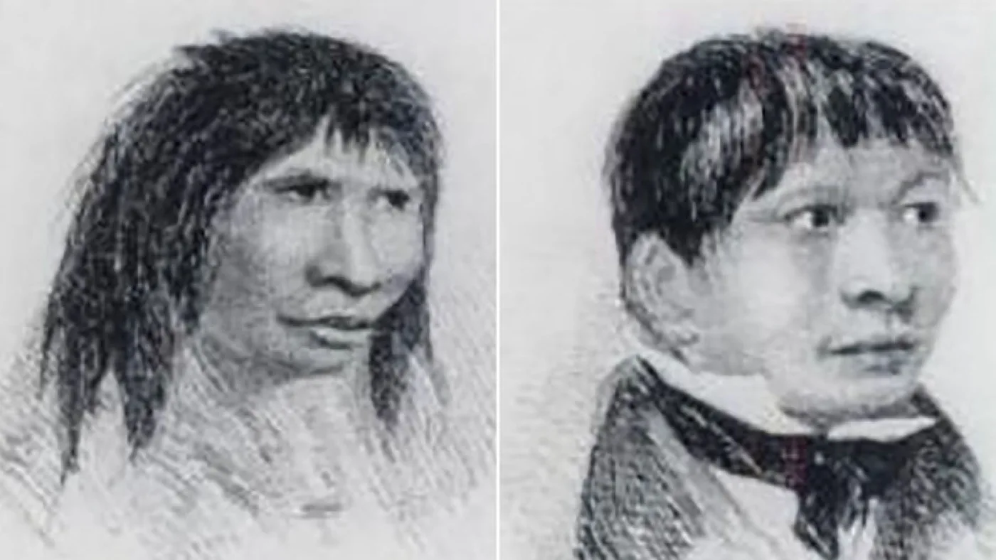 Jemmy Button en su vida en Tierra del Fuego y cuando fue transplantado a Inglaterra, según dibujos de época
