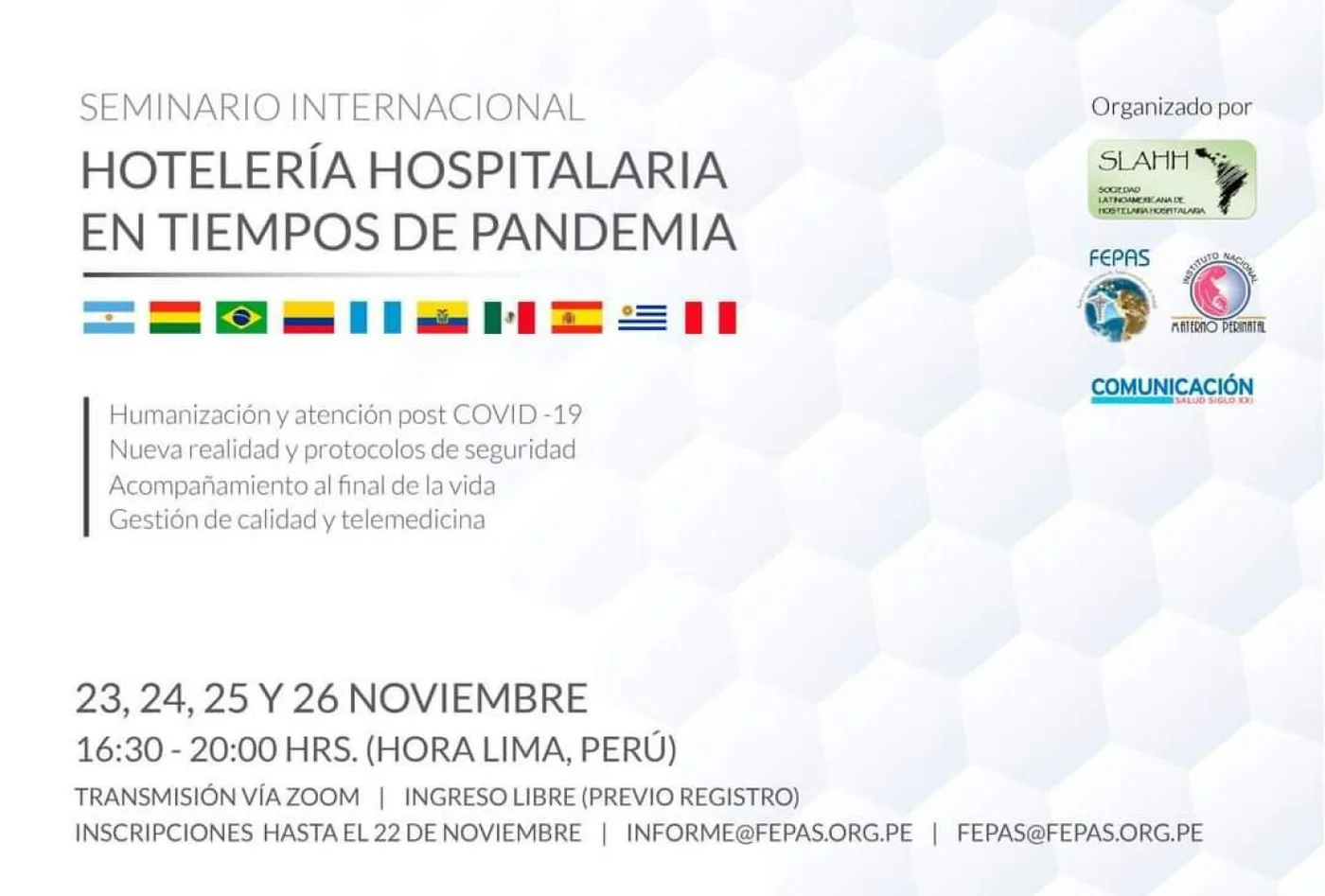 Se realizará vía zoom entre el 23 y el 26 de noviembre, organizado por la Sociedad Latinoamericana de Hotelería Hospitalaria.