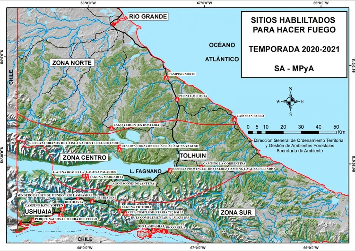 Informe semanal de lugares habilitados para hacer fuego en Tierra del Fuego