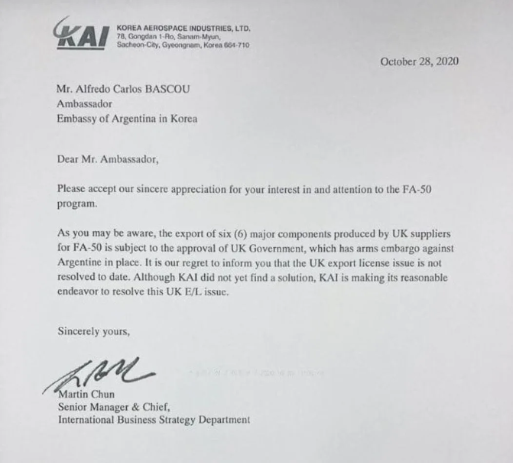 Gran Bretaña impide a la Argentina comprar aviones al asiático país de Corea del Sur.