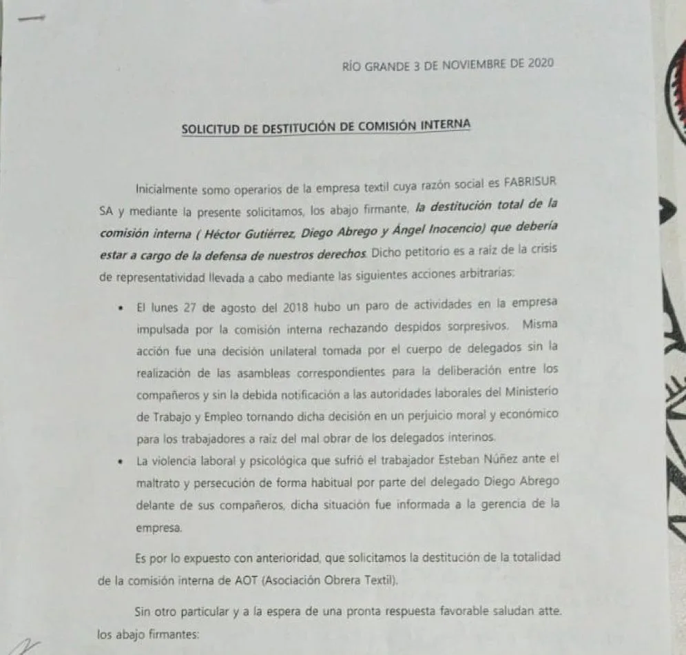 Faximil de la nota que los trabajadores presentaron en la AOT. (La nota es acompañada por 4 hojas de firmas).