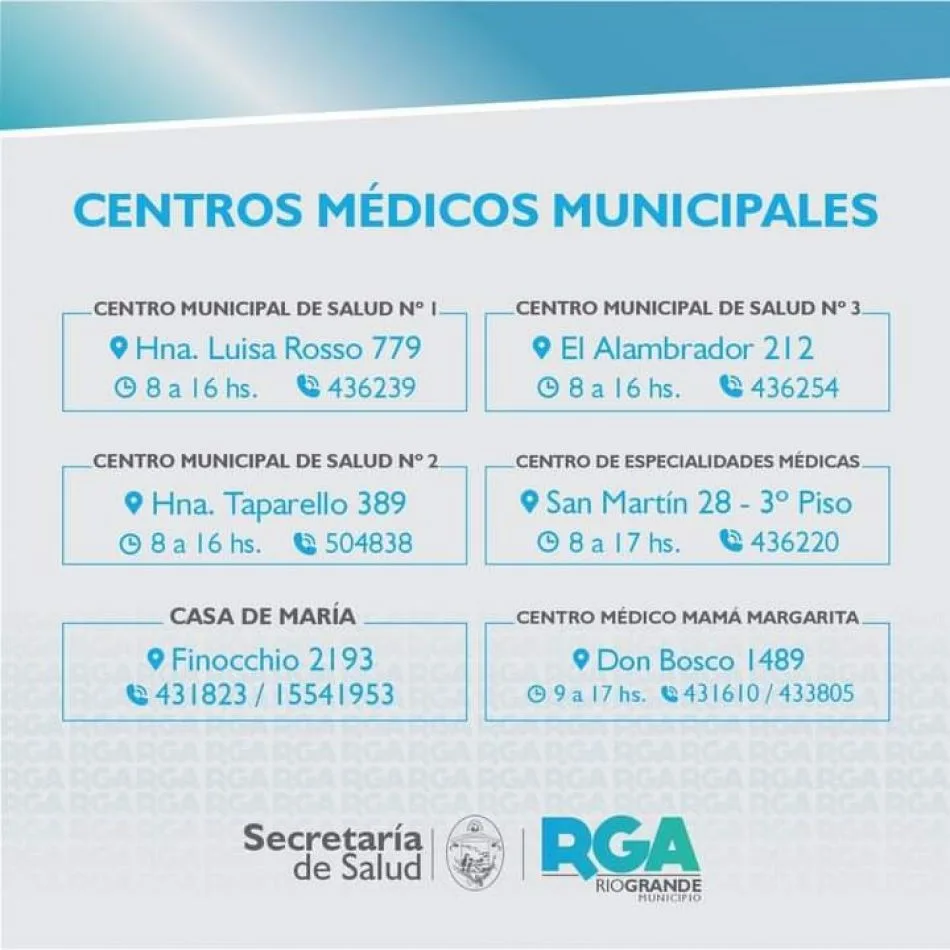 El Municipio recuerda las direcciones, teléfonos y horarios de atención de los Centros Municipales de Salud.