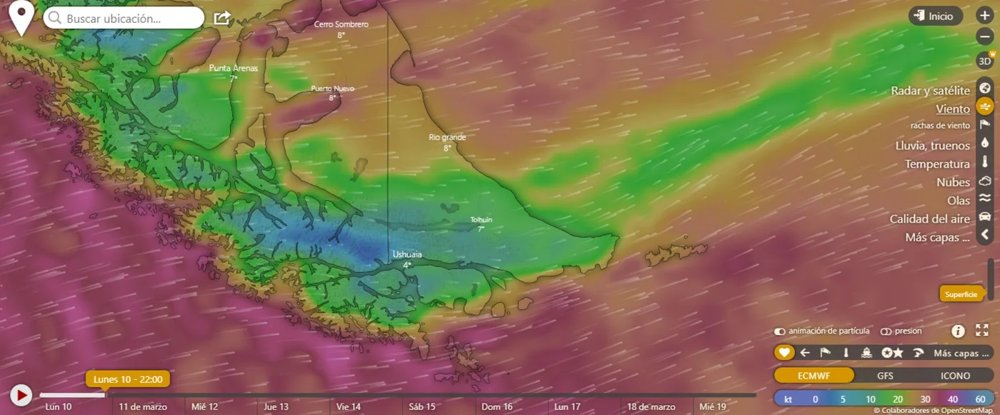 Emiten para Tierra del Fuego un alerta meteorológico por las próximas 48 horas. (Captura de pantalla. www.windy.com)