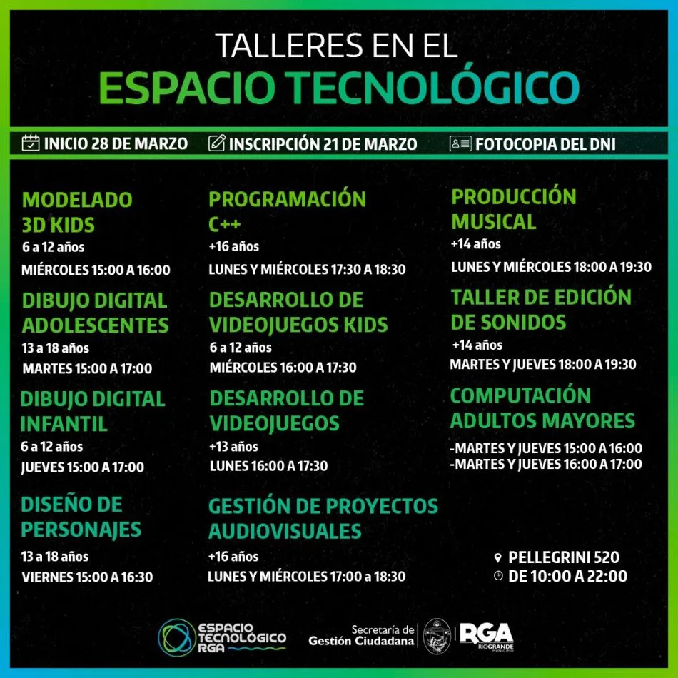 Sumate a los cursos y talleres del Espacio Tecnológico RGA
