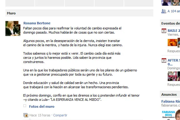 El mensaje publicado en la fan page de facebook de Rosana Bertone.