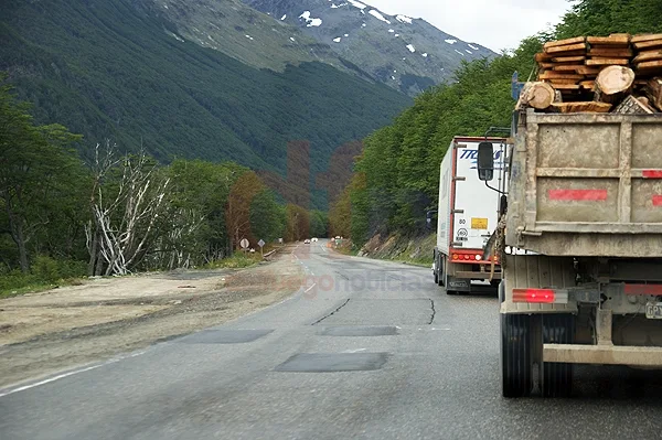 Un camión traslada madera sin red de contención. Delante suyo, otro camión de gran porte.