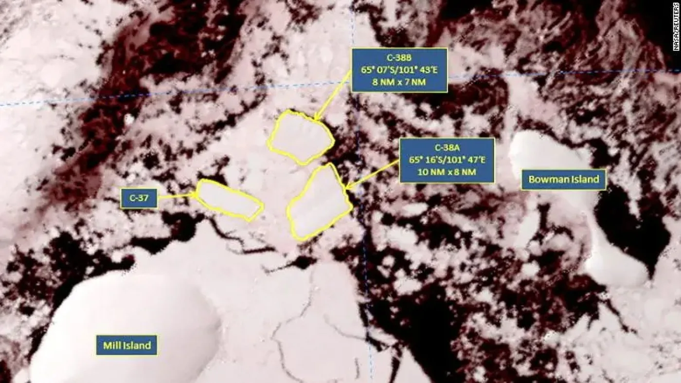 Imagen del satélite Modis de la NASA de una plataforma de hielo de la Antártida tomada el 21 de marzo en esta imagen distribuida.