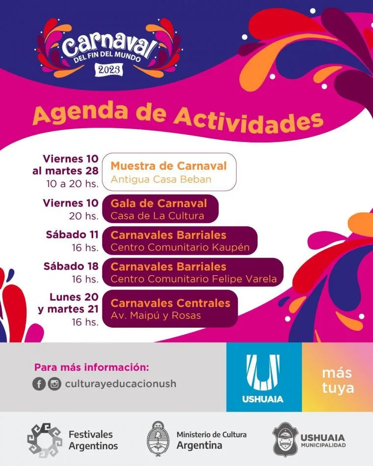 Agenda de actividades del Carnaval del Fin del Mundo