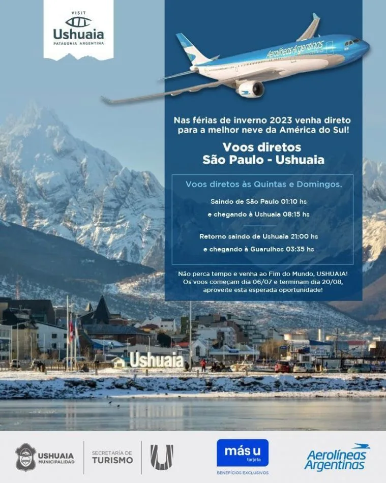Vuelven los vuelos directos San Pablo Ushuaia para este invierno 2023