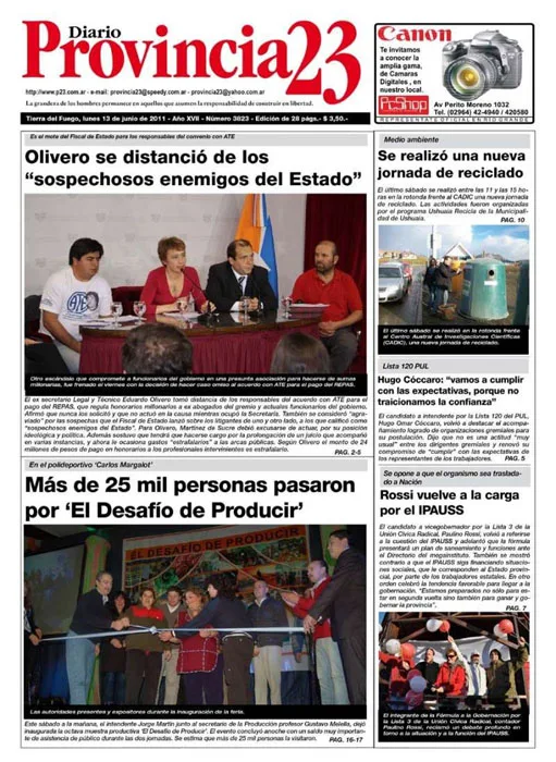 Portada de Provincia 23 del lunes 13 de junio de 2011.