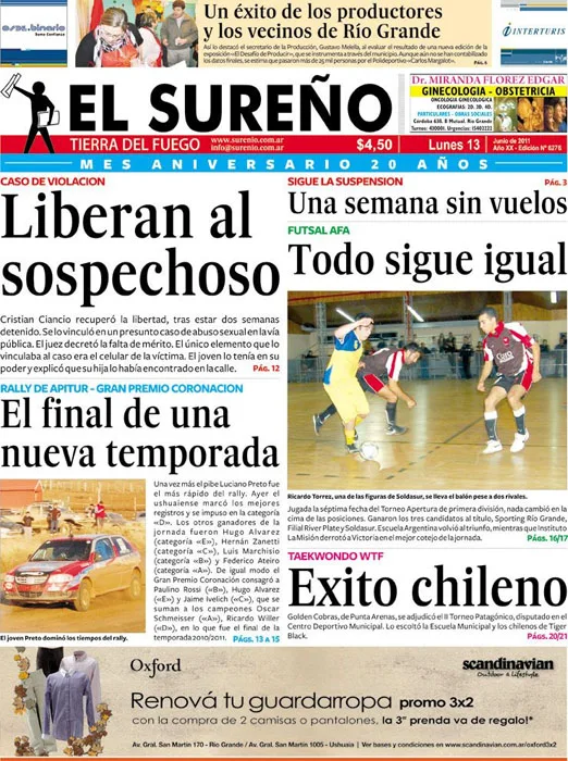 Portada del diario El Sureño del lunes 13 de junio de 2011.