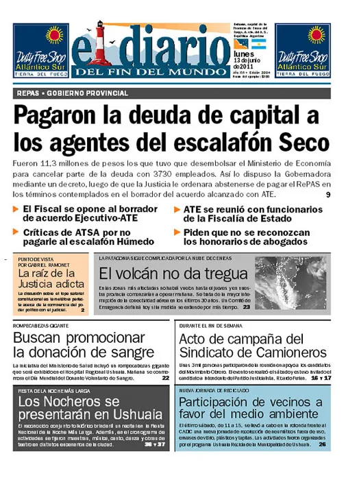 Portada del Diario del Fin del Mundo del lunes 13 de junio de 2011.